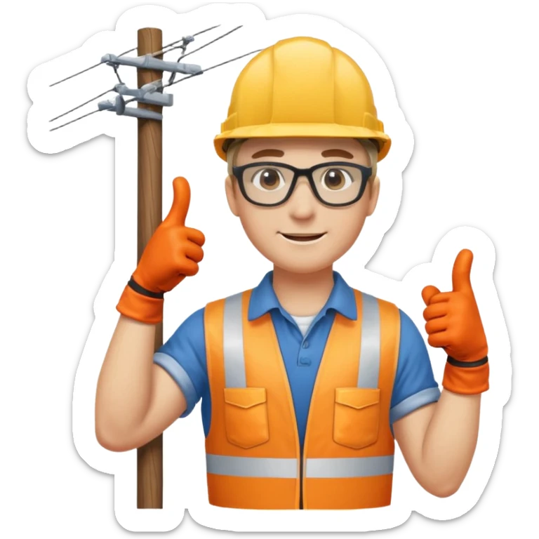 Un electricista en el poste de luz con todos sus implementos de seguridad haciendo like sticker