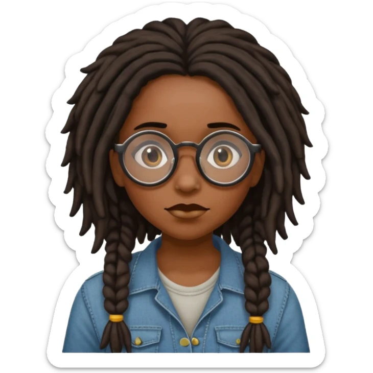 darker skin female with dark dreadlock hair wearing large round glasses saying no sticker