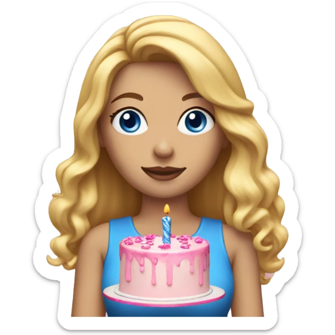 Woman with long blonde hair and blue eyes holding a pink birthday cake  sticker