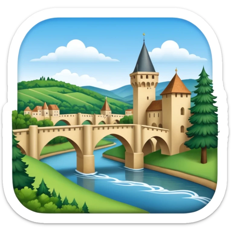 emoji of the city of Mont-de-Marsan featuring iconic elements like the confluence of rivers, medieval bridge, and Landes pine trees sticker