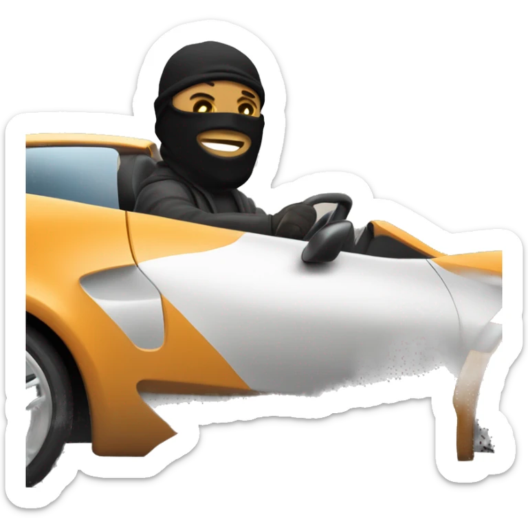 Roadman wearing a ski mask driving a sports car. The car is sleek and fast, with the driver looking focused and tough. Urban background, with motion blur to emphasize speed sticker