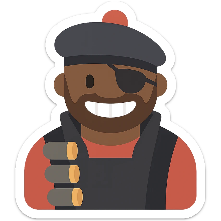 Team Fortress 2 Demoman, grinning, with a Scottish cap and bandolier, stylized as a modern game icon sticker