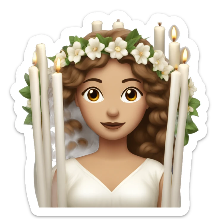 brown haired women with white gown and long white candles spur wreath on head sticker