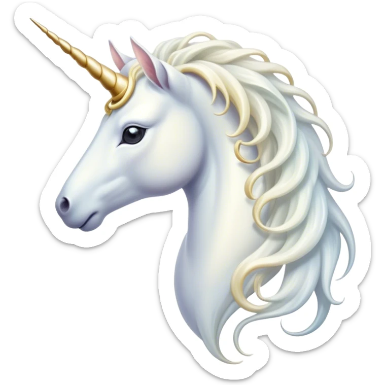 Cinematic Noble White Unicorn Portrait Emoji, Poised and regal, with a slender, ethereal form draped in a pristine white color, a flowing mane and tail, and a glistening, spiraled horn that radiates pure light, Simplified yet sharp and sophisticated features, highly detailed, glowing with a soft, iridescent luminescence, high shine, intelligent and transcendent, stylized with an air of mythical enchantment, focused and serene, soft glowing outline, capturing the essence of a watchful and confident white unicorn that appears ready to prance out of the screen with magical grace! sticker