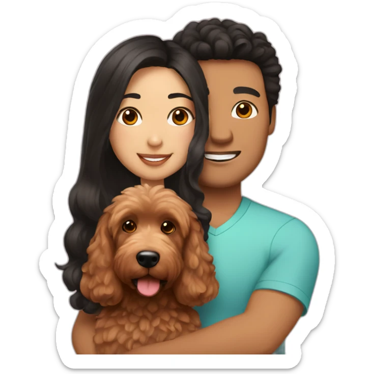 Mexican guy with brown hair and asian girl with long black hair holding red goldendoodle sticker