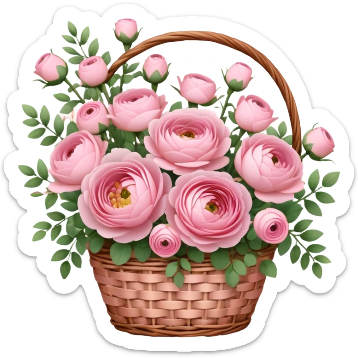 Delicate pink round bouquet in a basket, flowers in a basket: ranunculus, bush roses, single-headed roses and a blooming branch with delicate pink buds sticker
