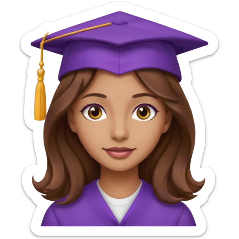 beautiful  woman lmedium skin with wavy long long brown hair and hazel eyes with purple school hat sticker