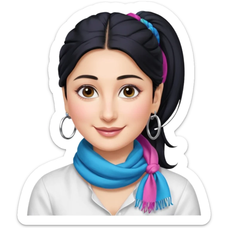 generate a pretty bratz emoji 
Make her wear a white shirt with a colorful blue-pink scarf wrapped around her neck. smiling big. Black hair tied into a side part ponytail, silver hoops and no necklace

She should look exactly  like Kareena Kapoor. kohl under eyes sticker