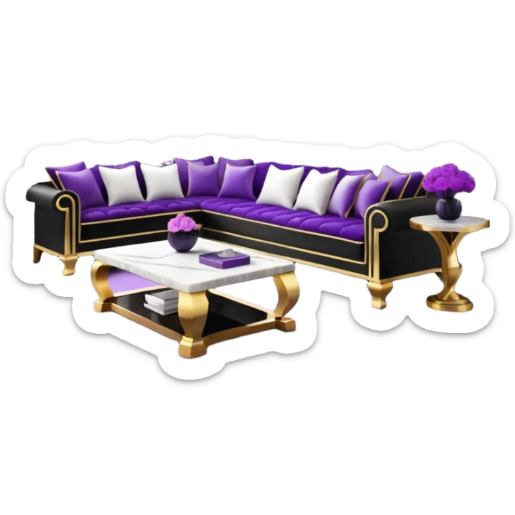 Luxurious black marble living room with gold and white accents and with a purple pillow  sticker