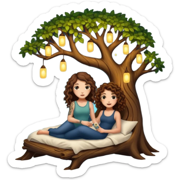 hollow tree bed — long wavy brown hair tattooed woman and short tight curly brown hair woman — firefly night lights sticker