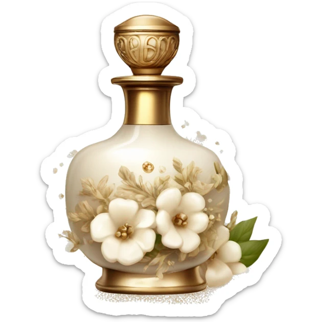 Vintage perfume bottle in antique Greek style, white and beige, oil perfume inside, sequins and flowers fluttering around sticker
