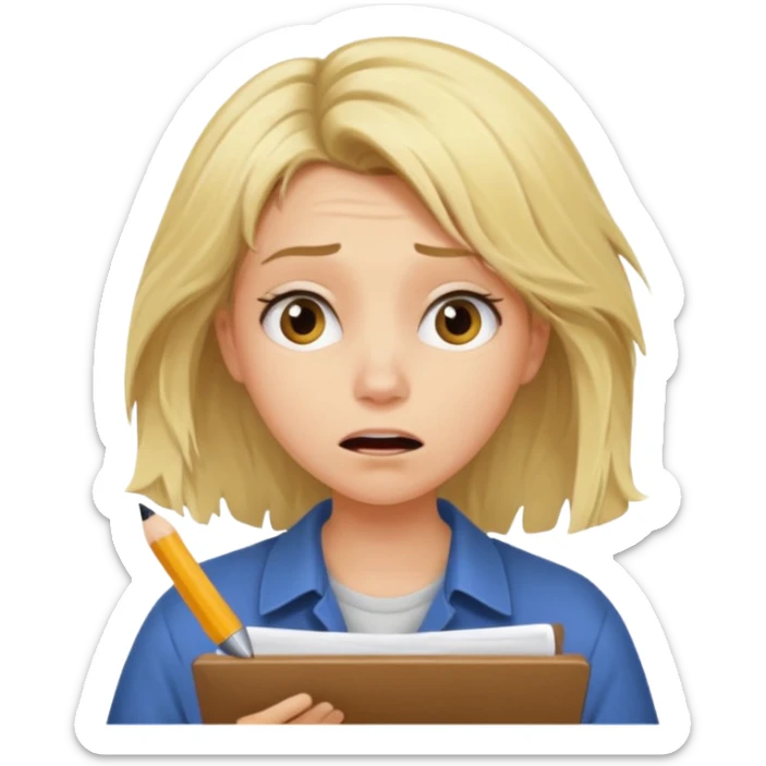 young blonde disheveled hair woman is writing an exam in panic sticker
