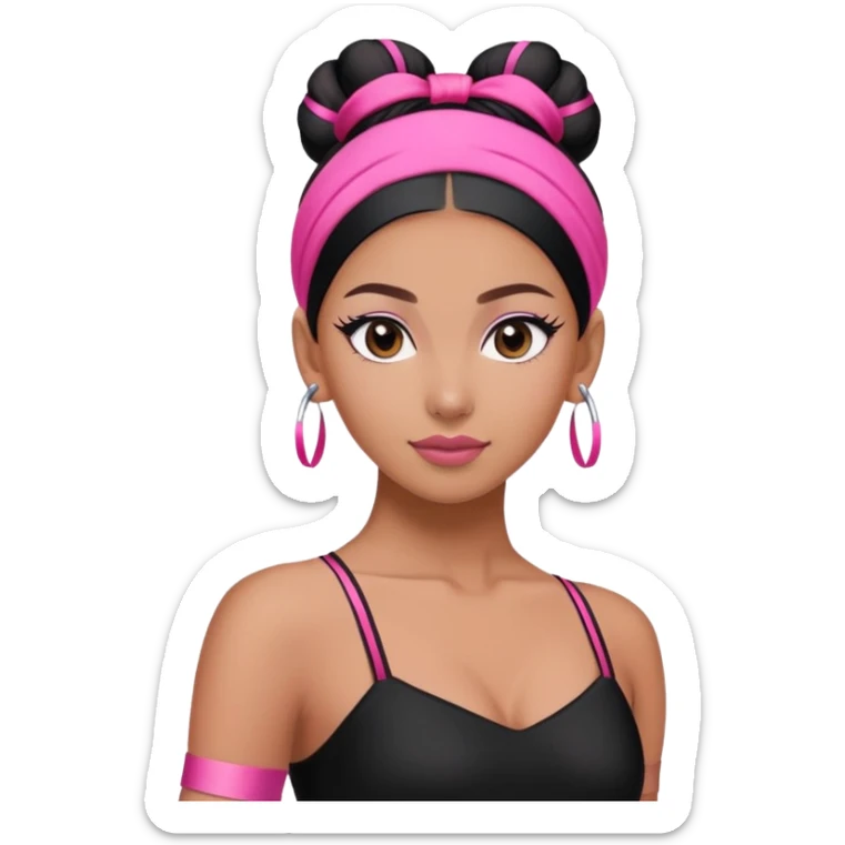 a dancer in a black and pink outfit with a sleek bun tied with a pink hairband." sticker