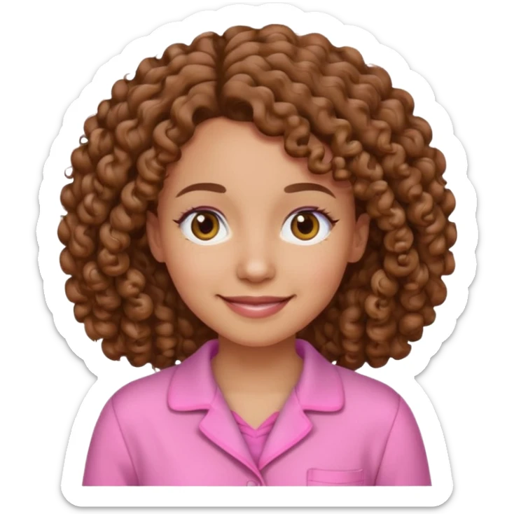 smiling woman with curly brown hair wearing pink pajamas, iPhone emoji style sticker