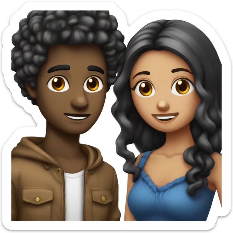 Créé des amoureux qui marche ne filles veux des yeux bleus avec les cheveux noirs lisse et un garçon bronze avec les cheveux bouclés noir et les yeux noirs  sticker