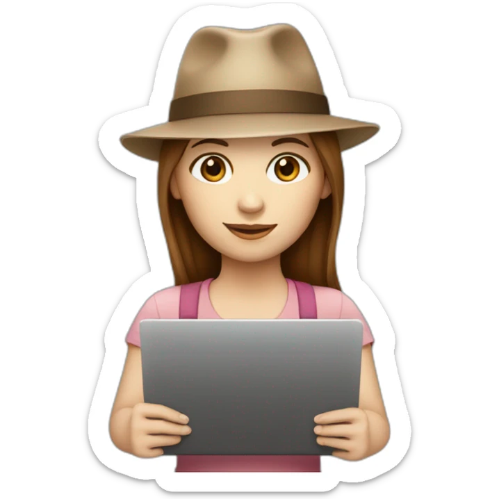 white skin, Girl with a hat, brown hair straight to the shoulders, holding a laptop sticker