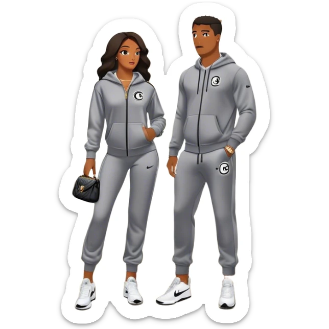 Man living his dream standing in the master bedroom of a mansion. He’s boo’d up with a pretty Brownskin big booty woman wearing a Chanel outfit and Bvlgari watch with her holding a Chanel bag. The man has on a Nike Tech Fleece sweatsuit. The man isn’t holding a bag sticker