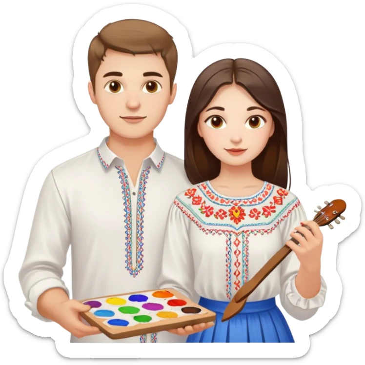 a guy in a white Ukrainian embroidered shirt and a girl in a white Ukrainian embroidered shirt, holding music and a paint palette sticker