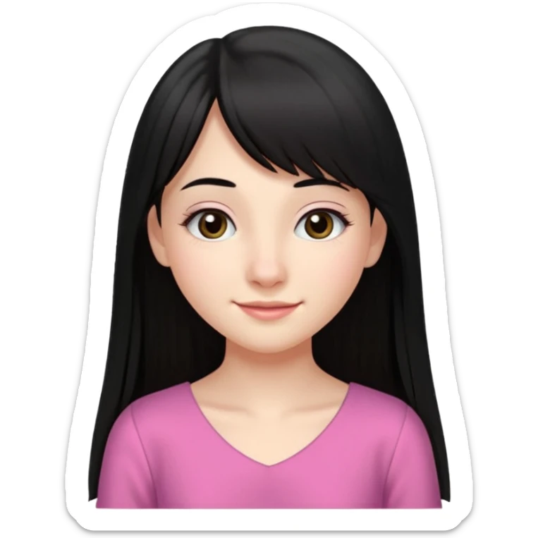 Cabelos pretos longos lisos ,olhos castanhos escuros puxadinho para cima com cílios grandes Pele clara ,nariz pequeno ,lábios mais carnudos ,adolescente 16 anos , com vestido de alinhamento rosa. Cabelo repartido ao meio com franja na altura do nariz  sticker