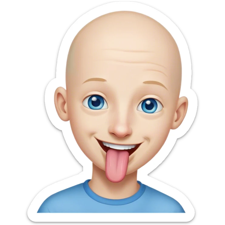 bald boy smiling portrait blue eyes long nose tongue sticking out side view sticker