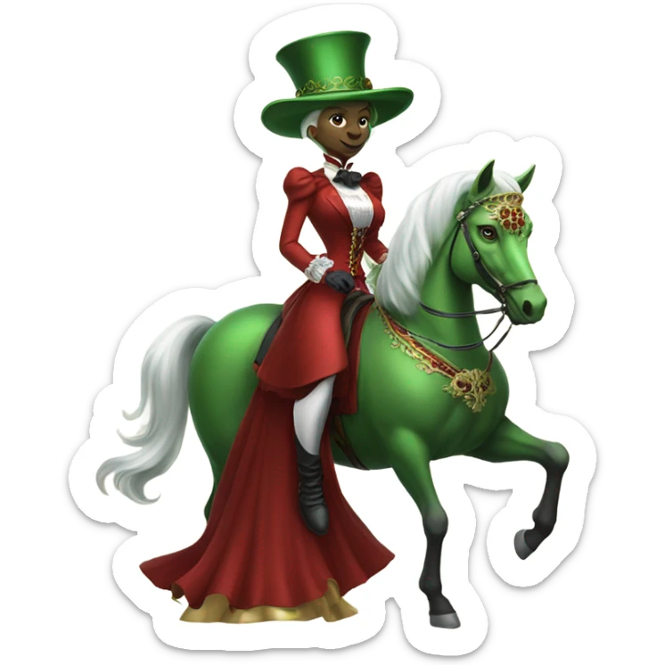 "galora green blonde alien woman" in red Victorian elegant dress, full body, rides horse gold and white
 sticker
