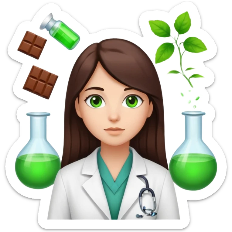 a girl of European appearance with chocolate straight hair and green eyes, she works as a psychologist sticker