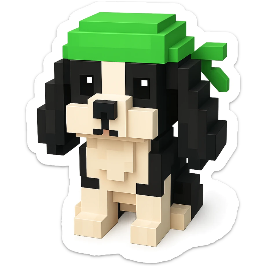 A black and white Russian Cocker Spaniel puppy wearing a green durag, facing forward sticker