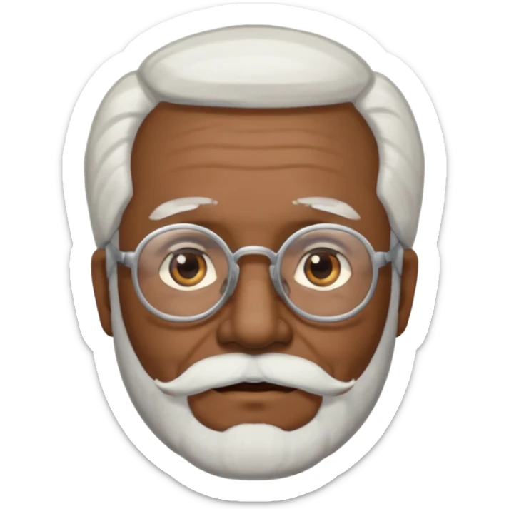 An elderly man emoji with medium-dark skin tone, long face, white hair on the sides, glasses, light eyebrows, and a light white beard. sticker