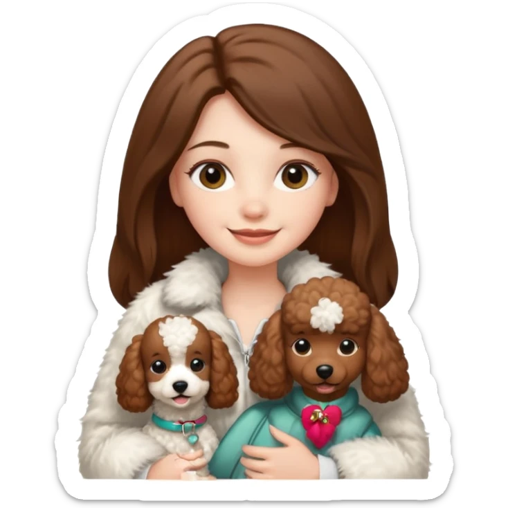 A white smiling girl with a long brown straight(middle part) hair and wearing a fur white jacket holds a brown poodle sticker