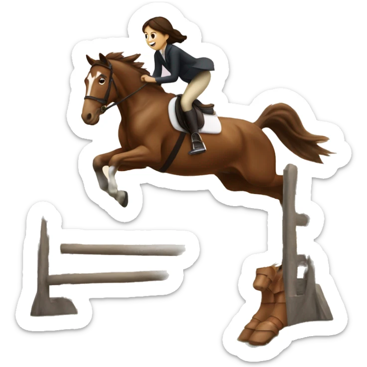 Horse jumping with a calm brunette girl and brown horse sticker