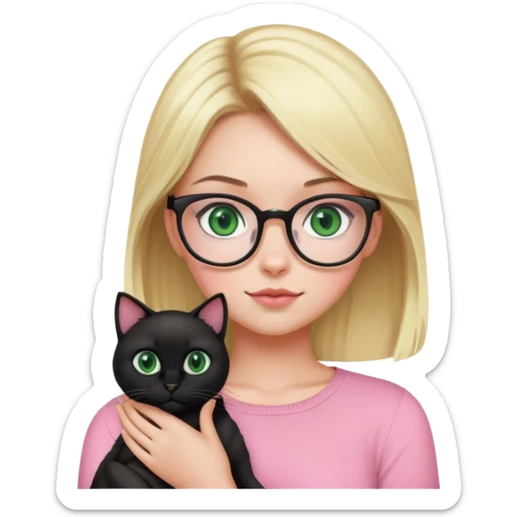 blonde girl with glasses wearing pink with green eyes holding a black cat  sticker