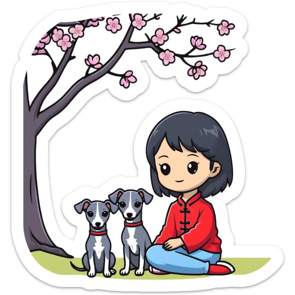 A young Chinese girl with long black hair and a pure dark grey Italian Greyhound with absolutely NO white markings anywhere on its body sitting under a cherry blossom tree. The dog must be completely solid dark grey with no white on muzzle, paws, or chest. sticker