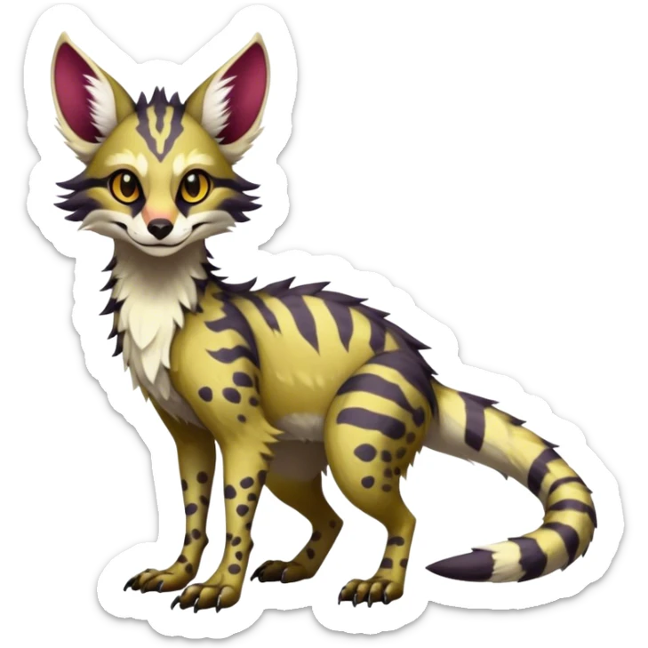 Feral Rare Fantasy dark vibrant warm-colored Vernid-Sergal-Genet-species by LiLaiRa, random markings, tufted ears, full body, 4 legs sticker