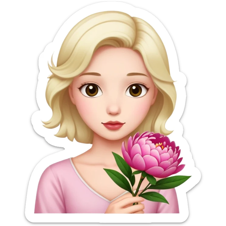Upper body photo of a beautiful girl holding a peony flower sticker