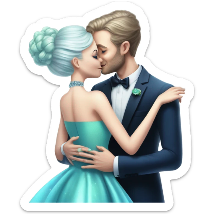 alien reptilian green skin woman, in long slim pastel blue formal party satin dress with gradient shiny sparkling navy blue diamonds embroidered , and caucasian man in black dres on his knees asks her to marry her sticker