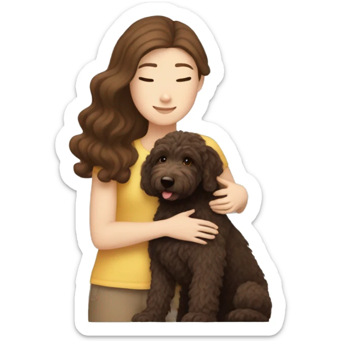 White girl with brown hair hugging her dark brown Australian labradoodle  sticker