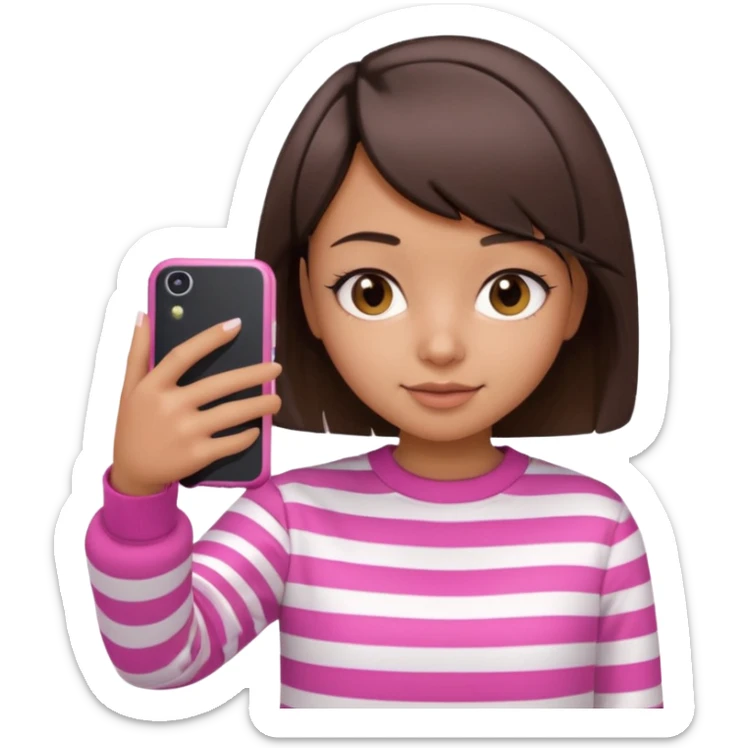 Emoji of a cute 3D girl with short dark brown bob hairstyle, wearing a pink and white striped sweatshirt. She is holding a phone and taking a selfie, white background.

 sticker