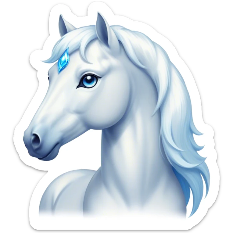 Cinematic Elegant White Horse Portrait Emoji, Head held high with a serene, graceful gaze, showcasing a magnificent pure white fur with a radiant shimmer, flowing mane and tail, and luminous blue eyes that exude beauty and grace, Simplified yet majestically refined features, highly detailed, glowing with a soft, ethereal light, high shine, poised and breathtaking, stylized with an air of pure elegance, capturing the essence of a stunning and graceful steed, so beautiful it feels like it could gallop out of the screen with effortless charm! sticker