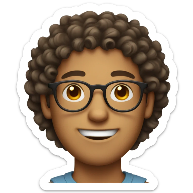 guy with round face and round glasses, curly hair and brown eyes, smiley  sticker