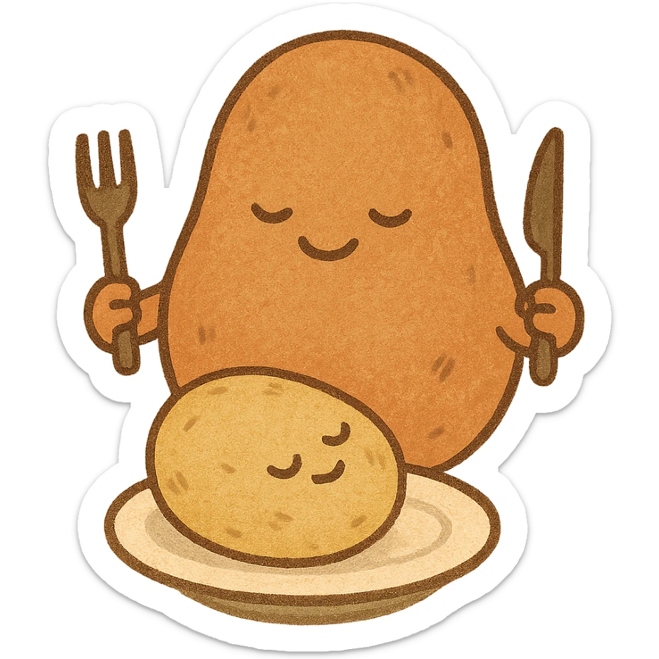 a potato holding fork and knife eating another potato, funny and cartoonish style with Turkish humor influence sticker