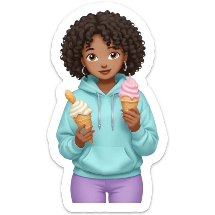 Black girl, clean girl aesthetic, 4C curly hair in a puff, pastel hoodie, white sneakers, minimal jewelry, soft smile, cozy vibe, bright colors, Apple-style emoji comendo sorvete  sticker