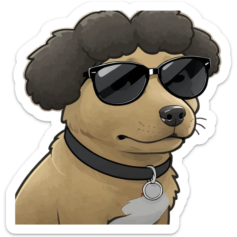 Anime Dog with black fashionable sunglasses and an Afro put up the peace sign and sitting in a squat. sticker