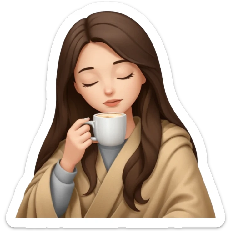 Brunette girl long hair inside a beige blanket sipping coffee eyes closed sticker