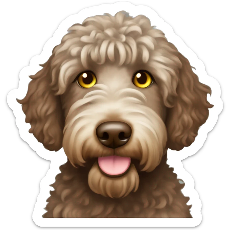 Chocolate and tan labradoodle with yellow-green eyes and hair in a bun on the top of head sticker
