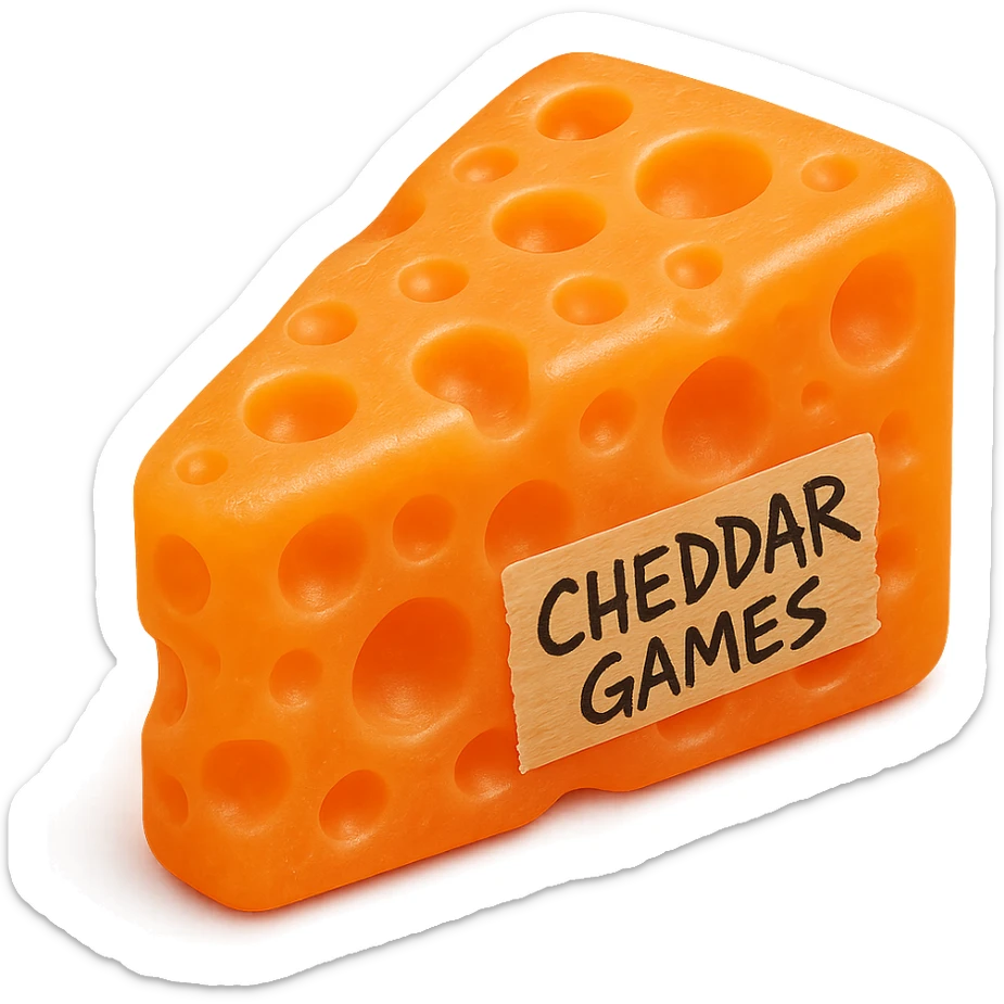 hyper-detailed clear transparent orange cheddar cheese block with Swiss holes, no background, 90's toy plastic texture, soft and squishy, cloudy, not shiny, glowing a little, retro and appealing, 'Cheddar Games' written sharply and messily on tape on the side, extremely high quality, looks like a gummy sticker