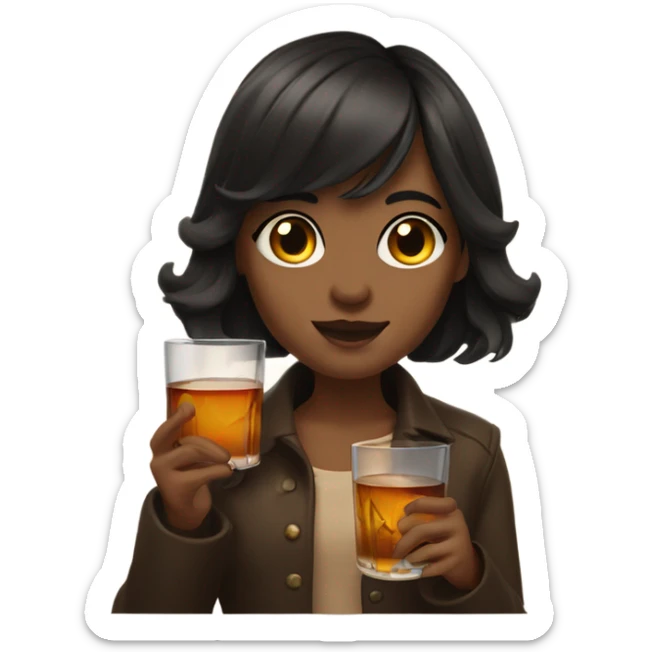 A dark haired girl with slightly wavy hair and bangs holding a glass of whiskey sticker