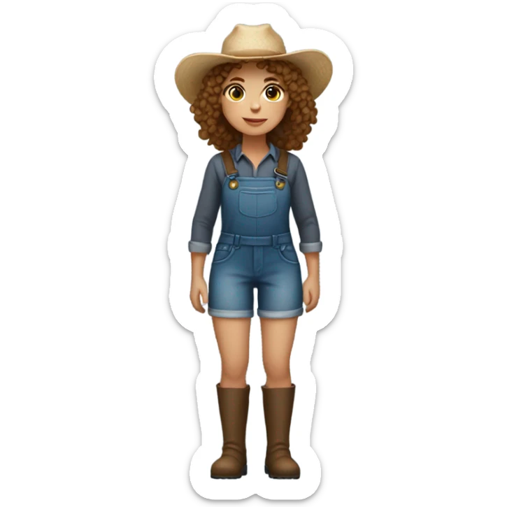 full body farmer girl standing, LIGHT skin, brown curly hair, holding carrors sticker