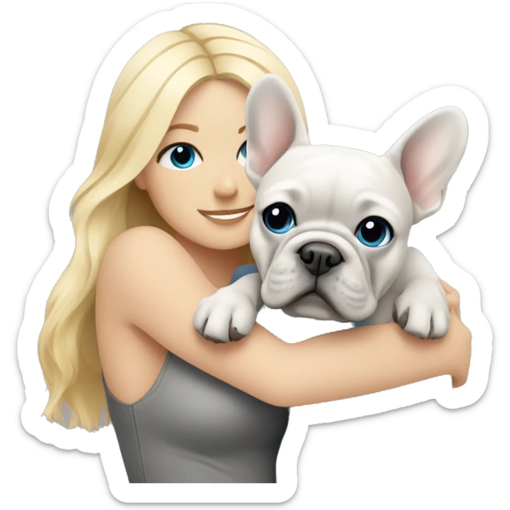 Blonde and blue eyes women hugging a light grey french Bulldog  sticker