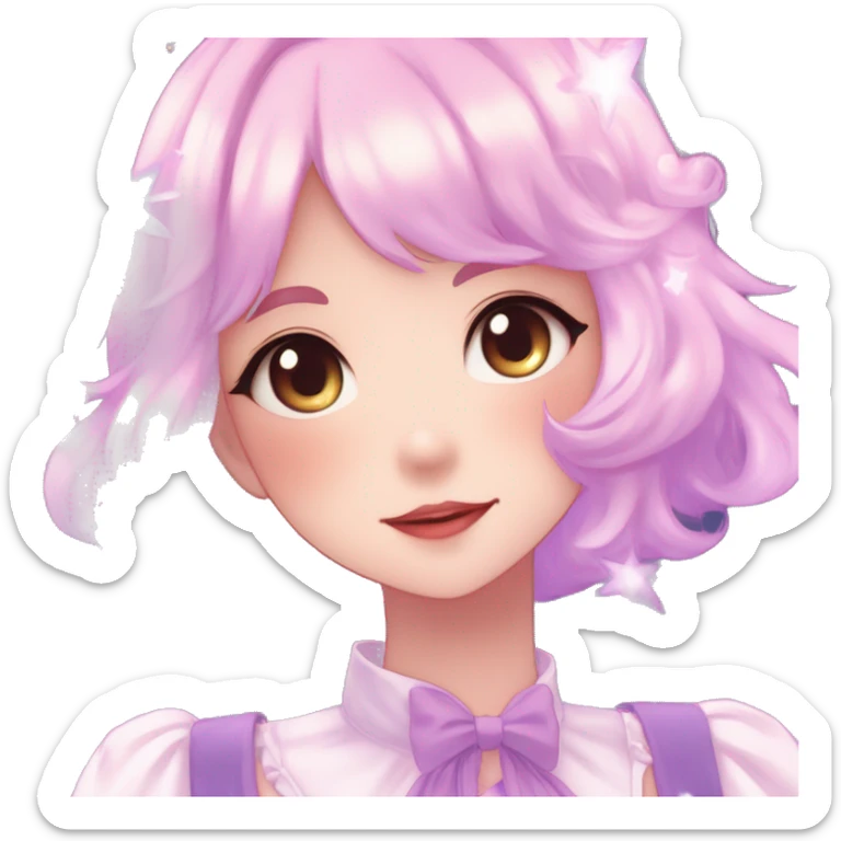 Gorgeous anime style lady blushing face dreamy idol model colorful shiny stars galaxy kawaii pastelcore cottagecore pearly petite simplistic aesthetic trending style sticker