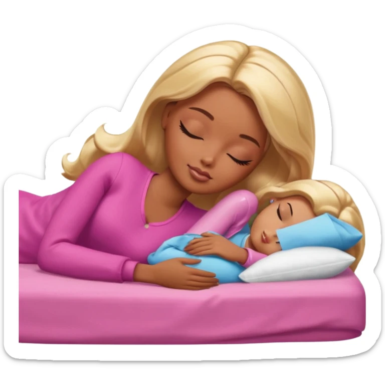 Brown skin blonde hair Barbie laying on side sleeping in bed with eyes closed sticker